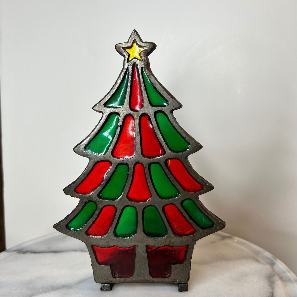 Vintage Cast Iron Christmas Tree Tea Light Candle Holder Red Green Glass‎ Look